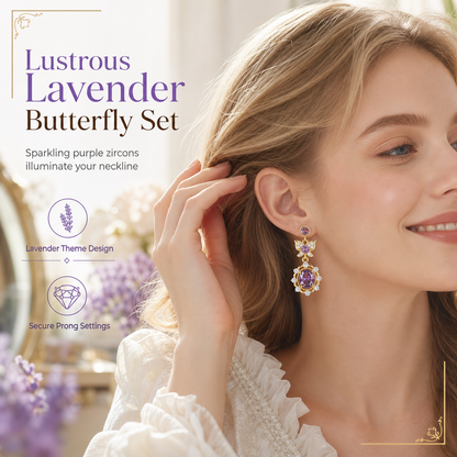 💜 Lavender Butterfly Jewelry Set: Purple Zircon, Prong-Set, Adjustable Ring