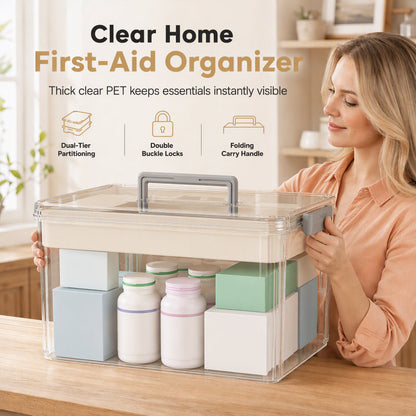Clear First-Aid Medicine Box: Dual-Tier, High Transparency, Shatterproof PET, 4 Sizes