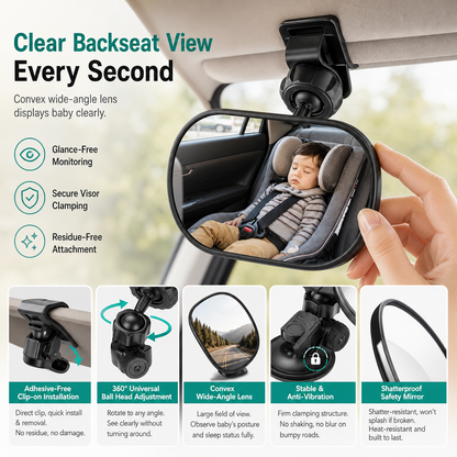 ✨ 360° Baby Car Mirror: Wide Backseat View, Shatterproof, Anti-Shake, Clip-On