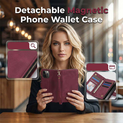 🧲 Magnetic Phone Wallet Case: Detachable, Card Slots, Zip Pocket, Kickstand, Wrist Strap