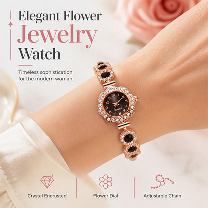 🌸 Flower Jewelry Watch: Rhinestone Floral Bezel, Quartz, Elegant, for Women