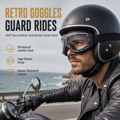 🏍️ Retro Motorcycle Goggles: Shatterproof Lenses, Soft Faux Leather Padding, Wind & Dust Protection, Vintage Chrome Frame