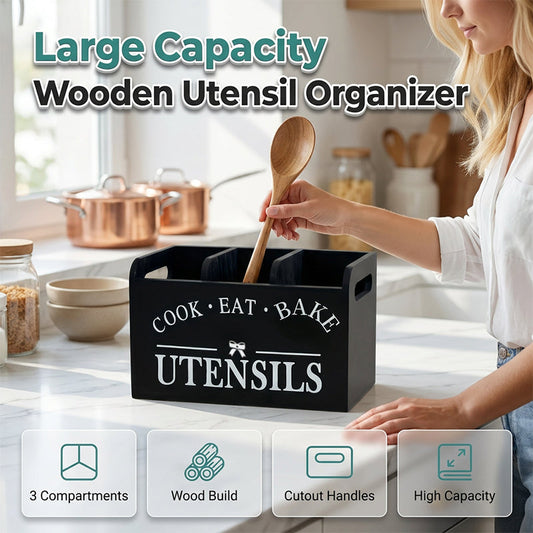 🪵 Wooden Utensil Holder: 3 Compartments, Holds 30+ Tools, Solid Wood, Space-Saving