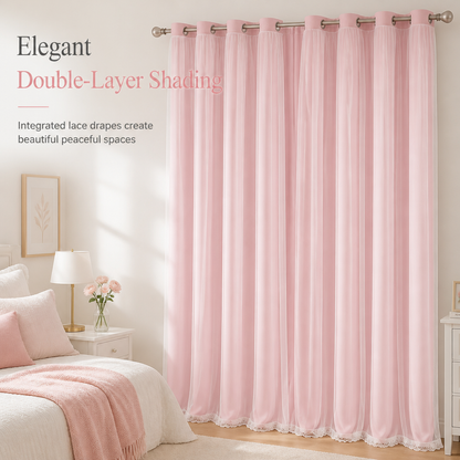 🪟 Double Layer Curtain: Blackout, Sheer Tulle & Solid Weave, Rod Sliding, 4 Sizes