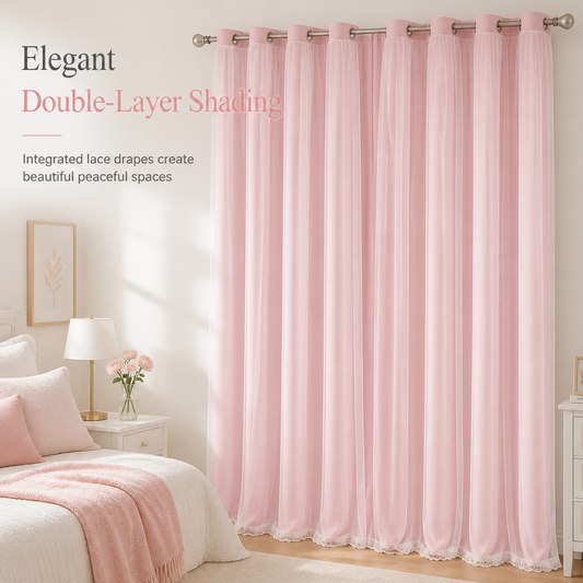 🪟 Double Layer Curtain: Blackout, Sheer Tulle & Solid Weave, Rod Sliding, 4 Sizes