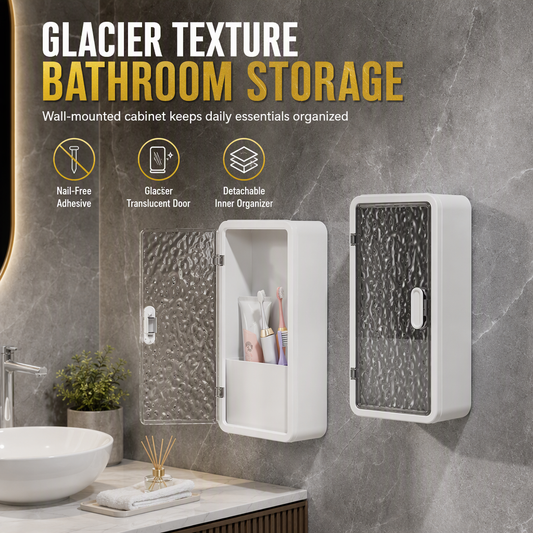 🛁 Wall-Mounted Bathroom Organizer: No-Drill, Glacier Texture, Drainage Slots, Makeup Storage