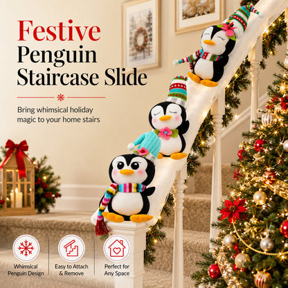 🐧 Penguin Banister Decor: LED Lights, Sliding Plush Trio, Festive Stair Decoration