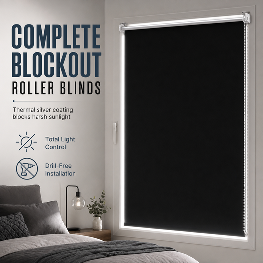 🪟 100% Blackout Roller Blind: 3-Layer Fabric, Heat Block, No-Drill Clamp, Child-Safe
