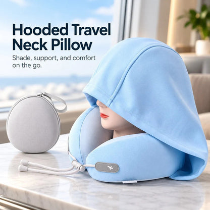 🧳 Hooded Travel Neck Pillow: U-Shape Support, Breathable Fabric, Adjustable, with Pouch