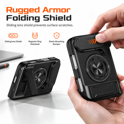📱 Fold Case: Sliding Lens Cover, Dual Kickstand, Magnetic, Shockproof Armor
