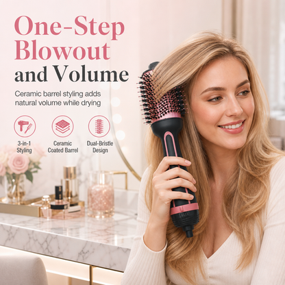 💨 One-Step Hot Air Brush: 3 Heat Settings, Tourmaline Ceramic, Volumize & Dry, UK Plug