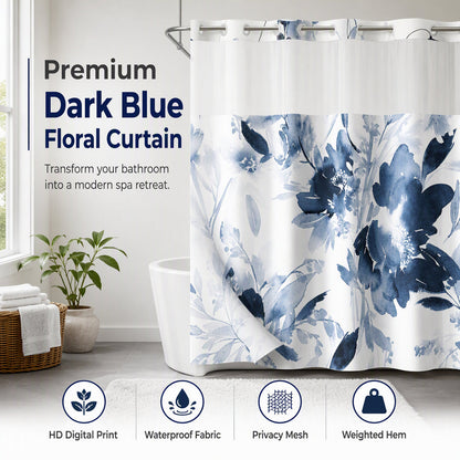 🌸 Dark Blue Floral Shower Curtain: Mesh Window, Water-Resistant, Magnetic Bottom