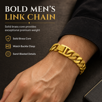 🔗 Men's Solid Brass Link Chain Bracelet: Sand-Blasted Finish, Secure Buckle Clasp