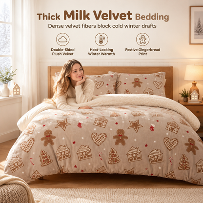 🎄 Double-Sided Plush Fleece Bedding Set: Gingerbread Print, Warm & Washable