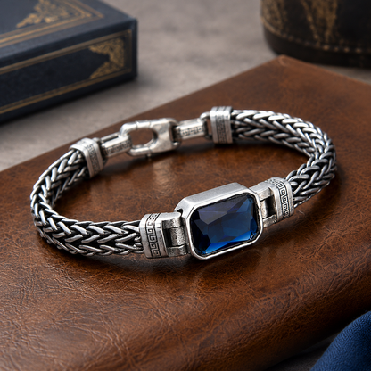 🔗 Hand-Braided Keel Chain Bracelet: Blue Gemstone, Vintage Silver-Tone, 18-22cm