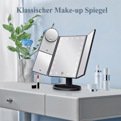 🔥50% OFF!!📢💄 Tri-Fold LED Makeup Mirror: 1X/2X/3X/10X Magnification, 22 LEDs, Built-In Storage